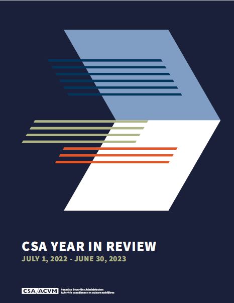 Cover of the CSA Year in review with a stylized arrow as the cover picture, the dates july 1, 2022 to june 30, 2023 and the logo of the CSA at the bottom. 